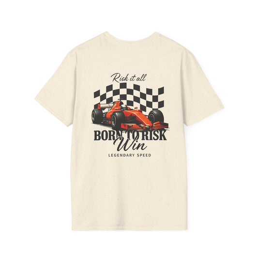 Racing Car T-Shirt — "Born to Risk Win" Vintage Checkered Flag Tee